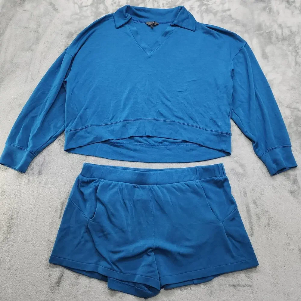 Danskin Shorts Set Womens XL Blue 2 Piece Crop Polo Popover Shorts Casual Sporty
